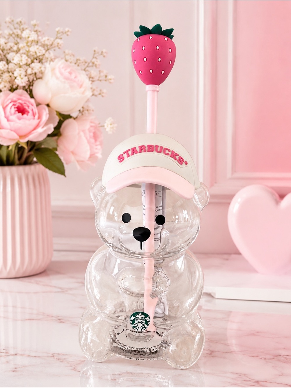 Starbucks Clear Bear Tumbler with Pink Strawberry Straw